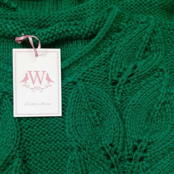 Ethical New Hand Knit Leaf Short Sleeve Wool Sweater Green La Casita De Wendy - Picture 3 of 3